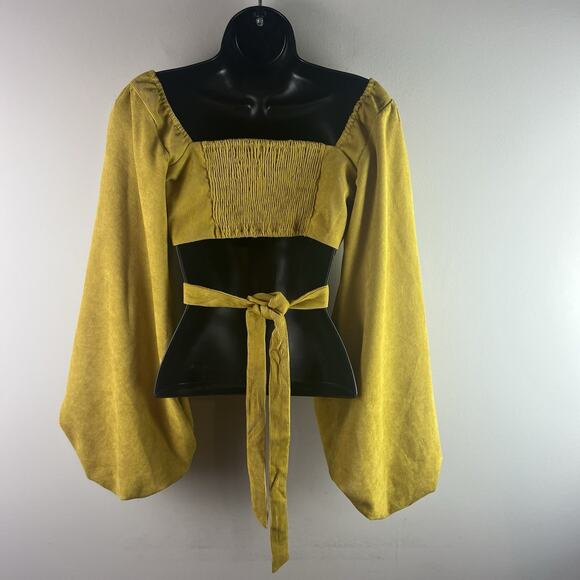 HYFVE Top Cropped Ballon Sleeve Corduroy Smocked Mustard Yellow Tie Back - Picture 6 of 10